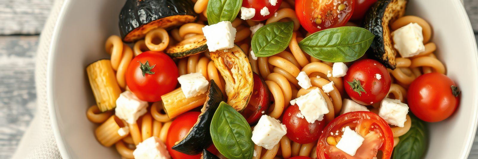 Delicious pasta salad with cherry tomatoes, roasted vegetables, and fresh basil served in a bowl